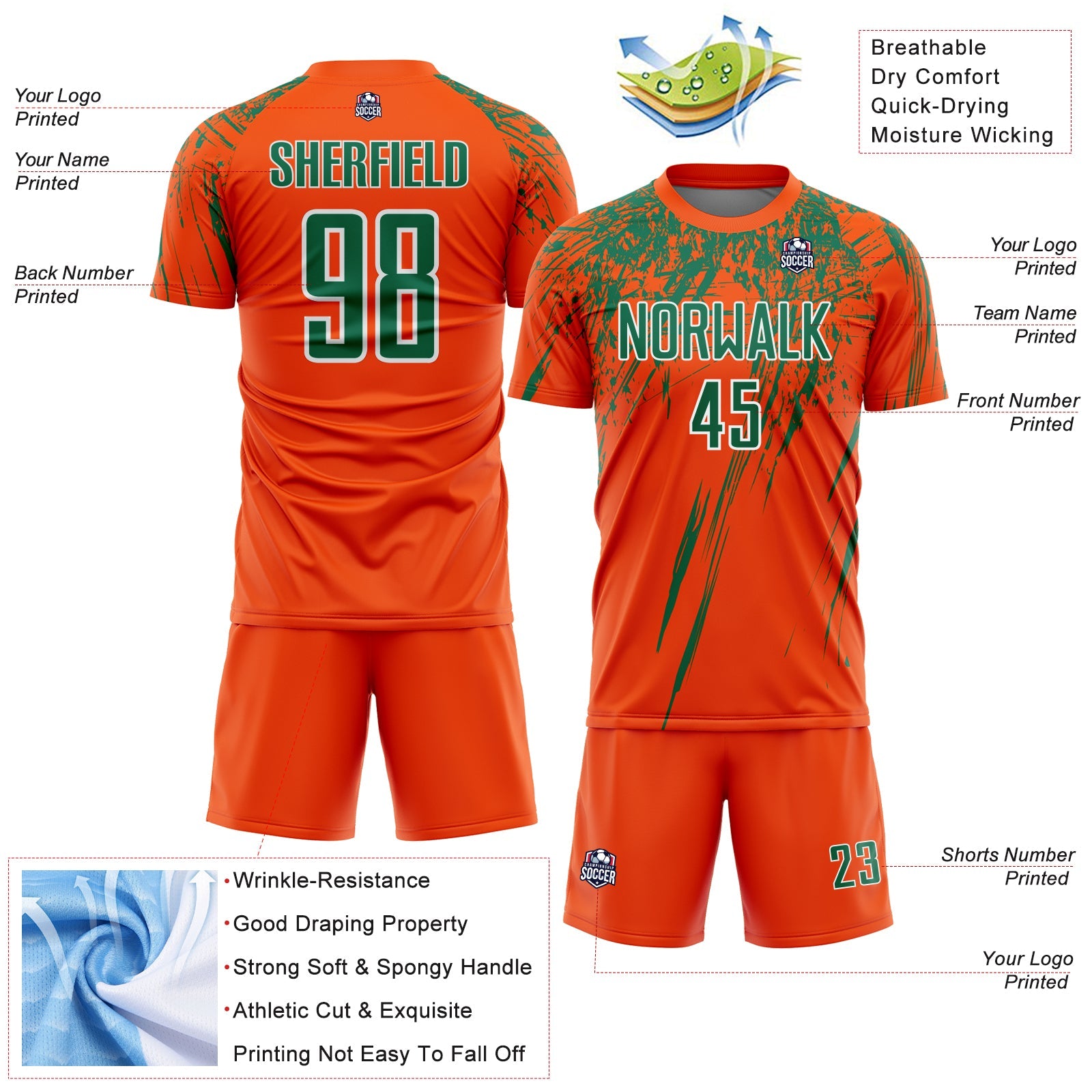 Custom Orange Kelly Green-White Splash Sports Sublimation Soccer Uniform Jersey view 4