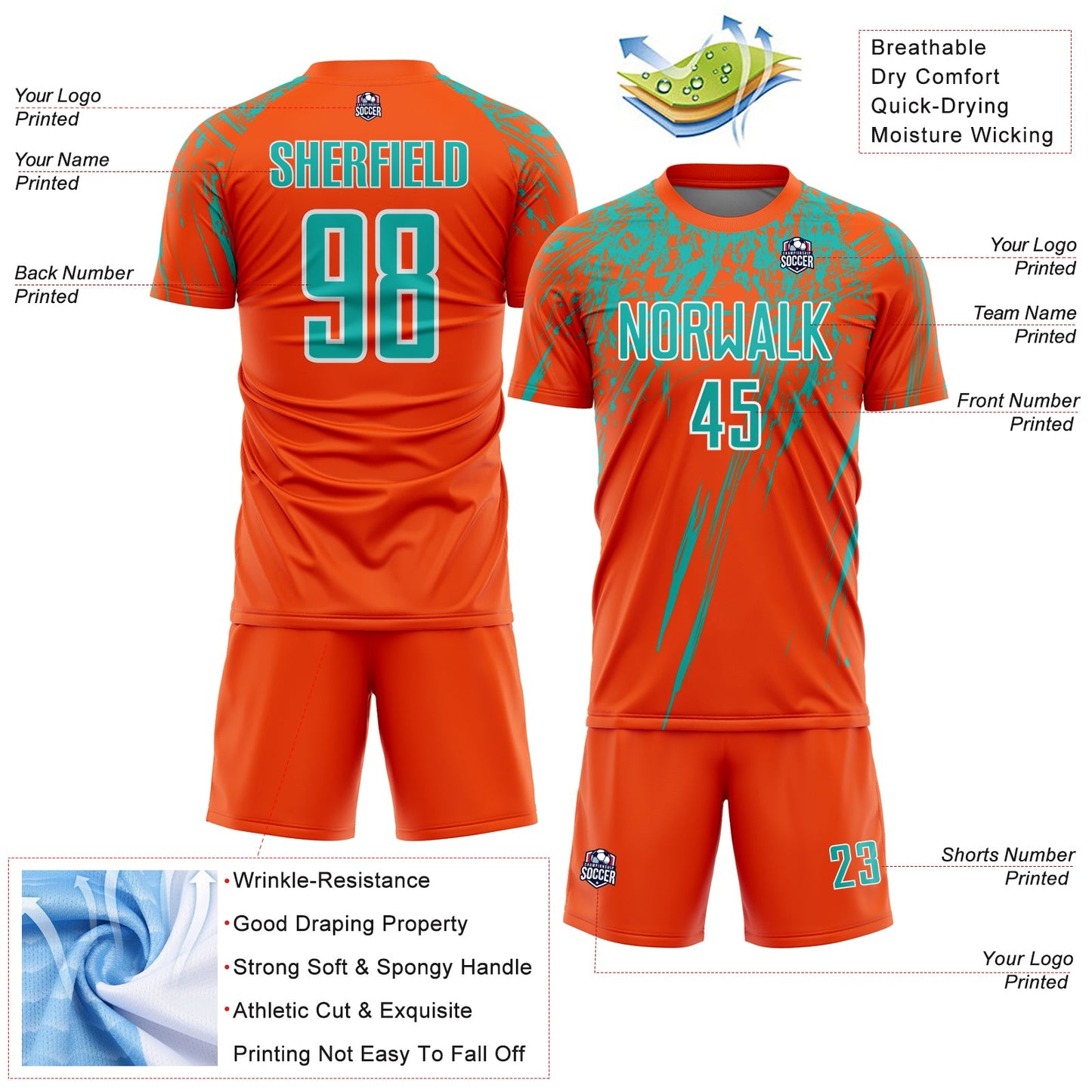 Custom Orange Aqua-White Splash Sports Sublimation Soccer Uniform Jersey view 4