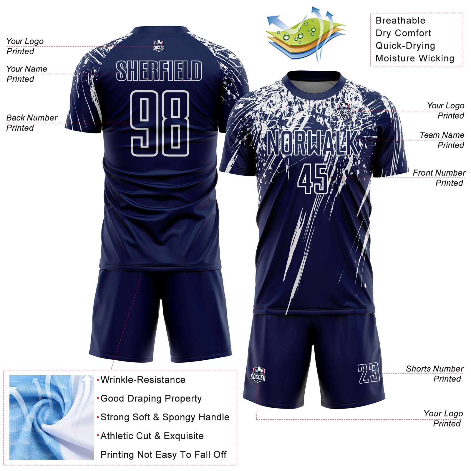 Custom Navy White Splash Sports Sublimation Soccer Uniform Jersey view 4