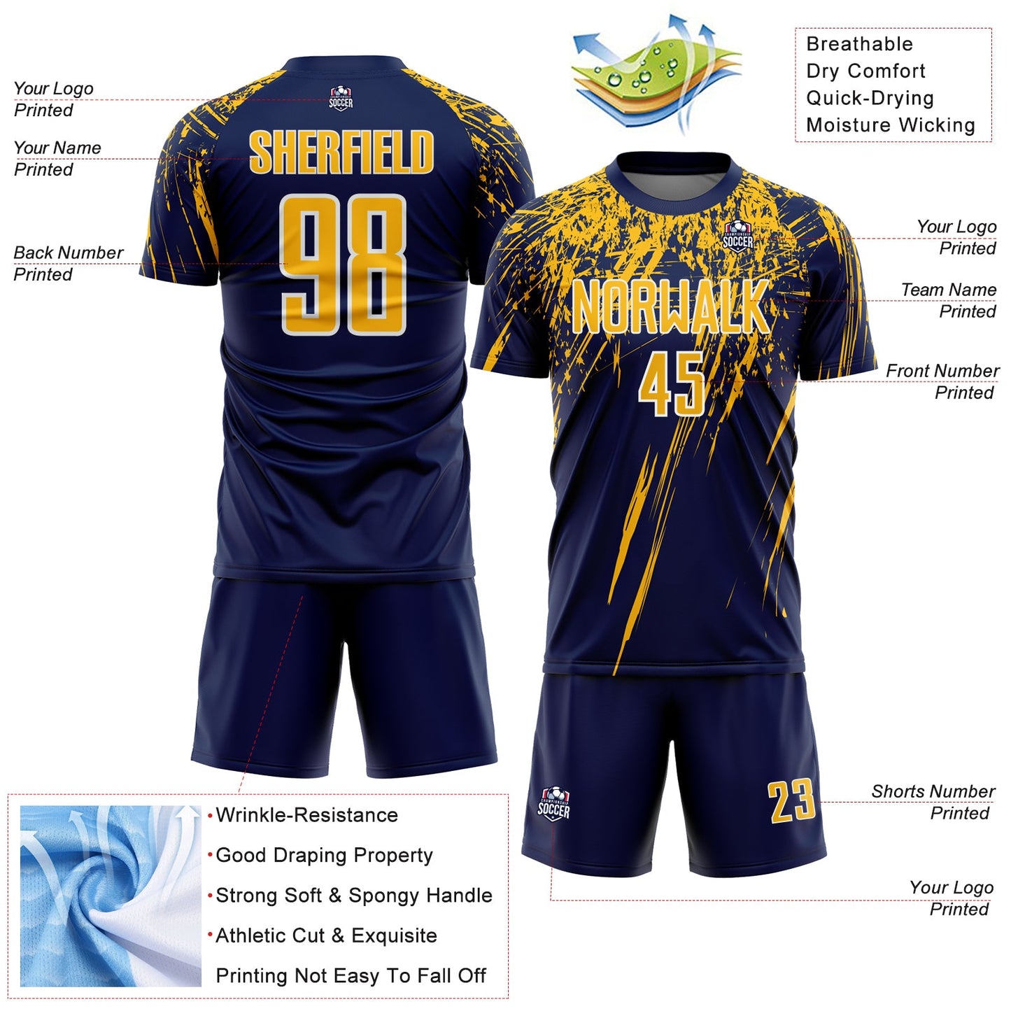Custom Navy Gold-White Splash Sports Sublimation Soccer Uniform Jersey view 4