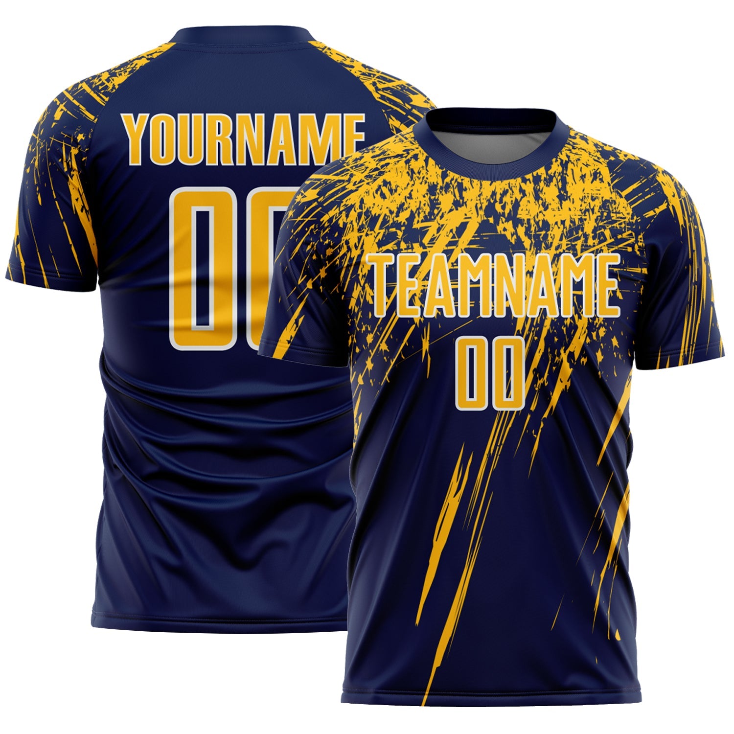 Custom Navy Gold-White Splash Sports Sublimation Soccer Uniform Jersey - Main View