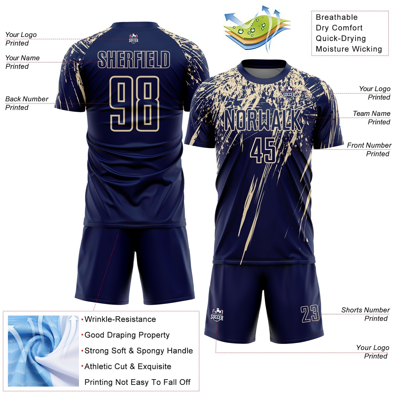 Custom Navy Cream Splash Sports Sublimation Soccer Uniform Jersey view 4