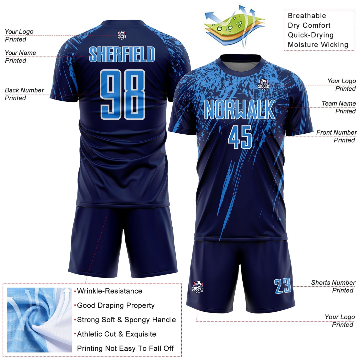 Custom Navy Powder Blue-White Splash Sports Sublimation Soccer Uniform Jersey view 4