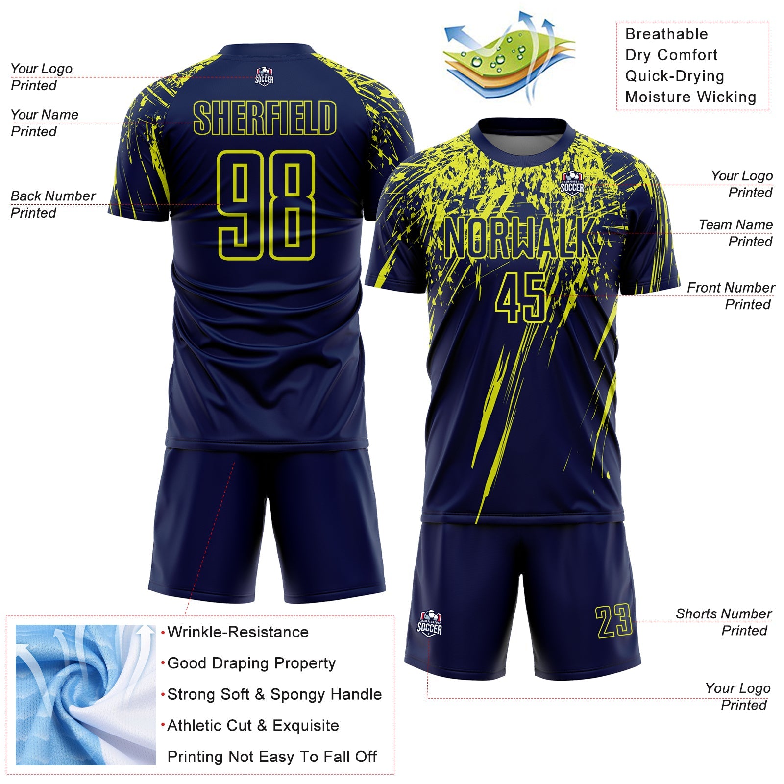 Custom Navy Neon Yellow Splash Sports Sublimation Soccer Uniform Jersey view 4