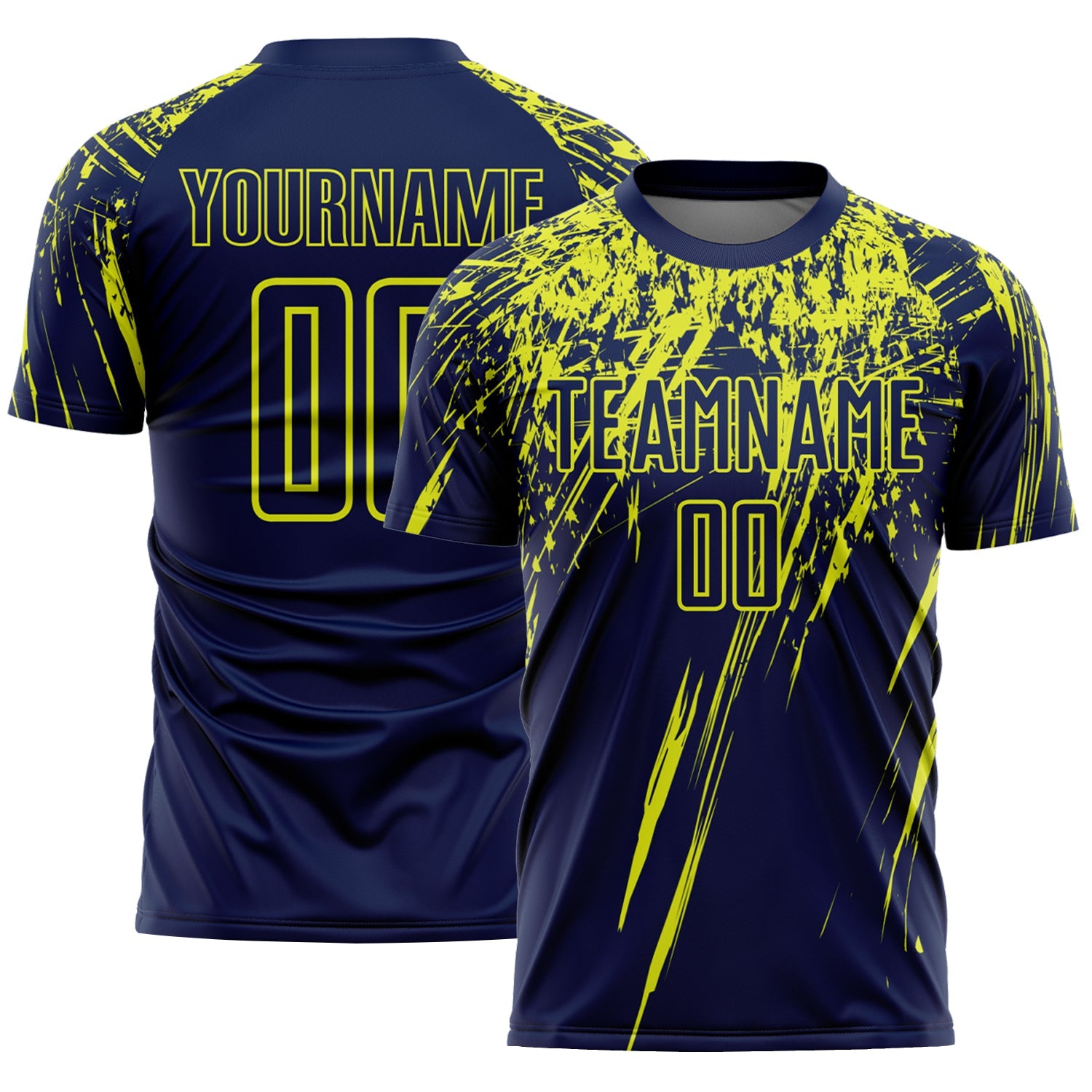 Custom Navy Neon Yellow Splash Sports Sublimation Soccer Uniform Jersey - Main View