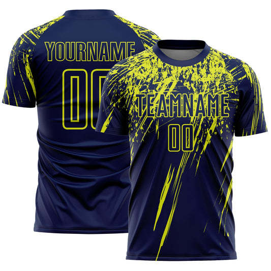 Custom Navy Neon Yellow Splash Sports Sublimation Soccer Uniform Jersey - Main View