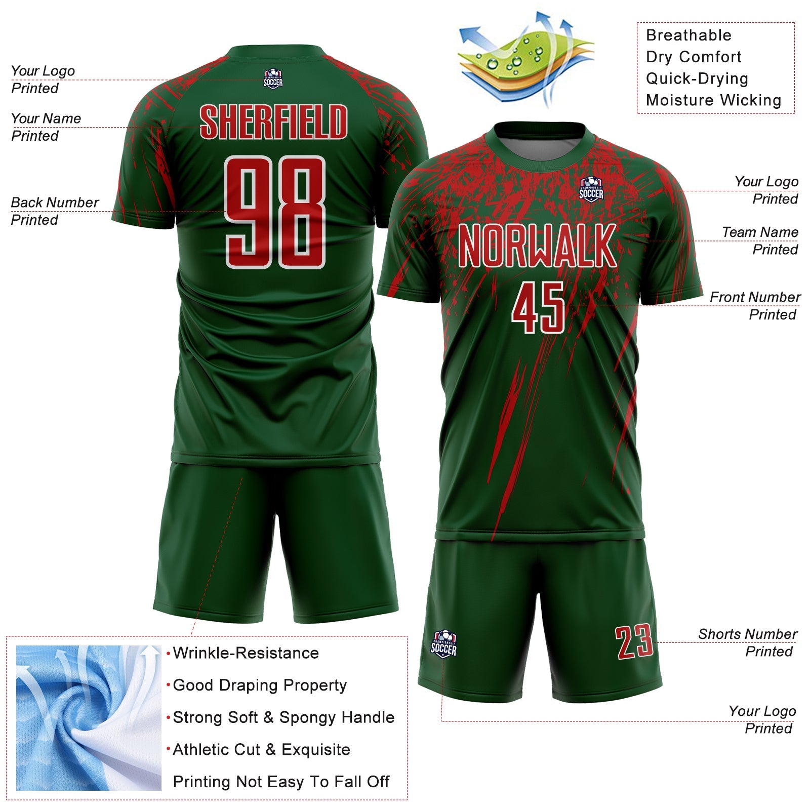 Custom Green Red-White Splash Sports Sublimation Soccer Uniform Jersey view 4