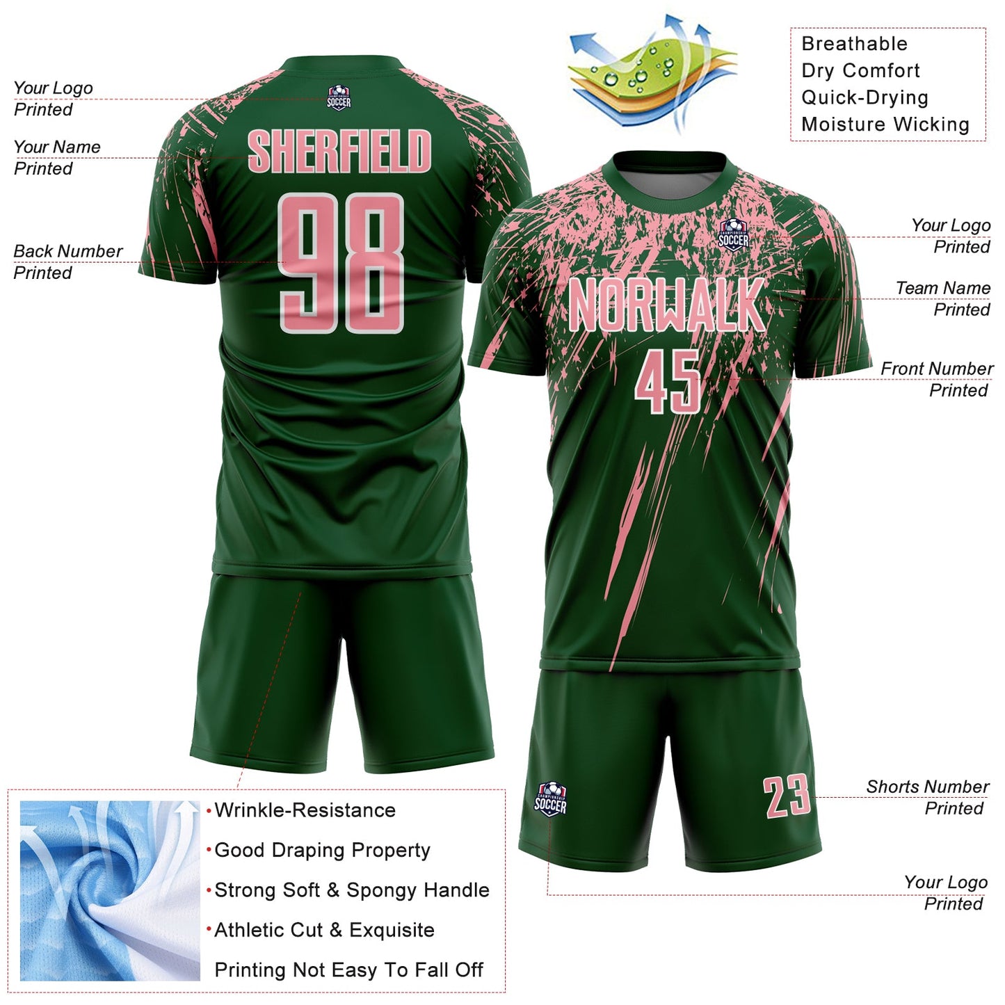 Custom Green Medium Pink-White Splash Sports Sublimation Soccer Uniform Jersey view 4