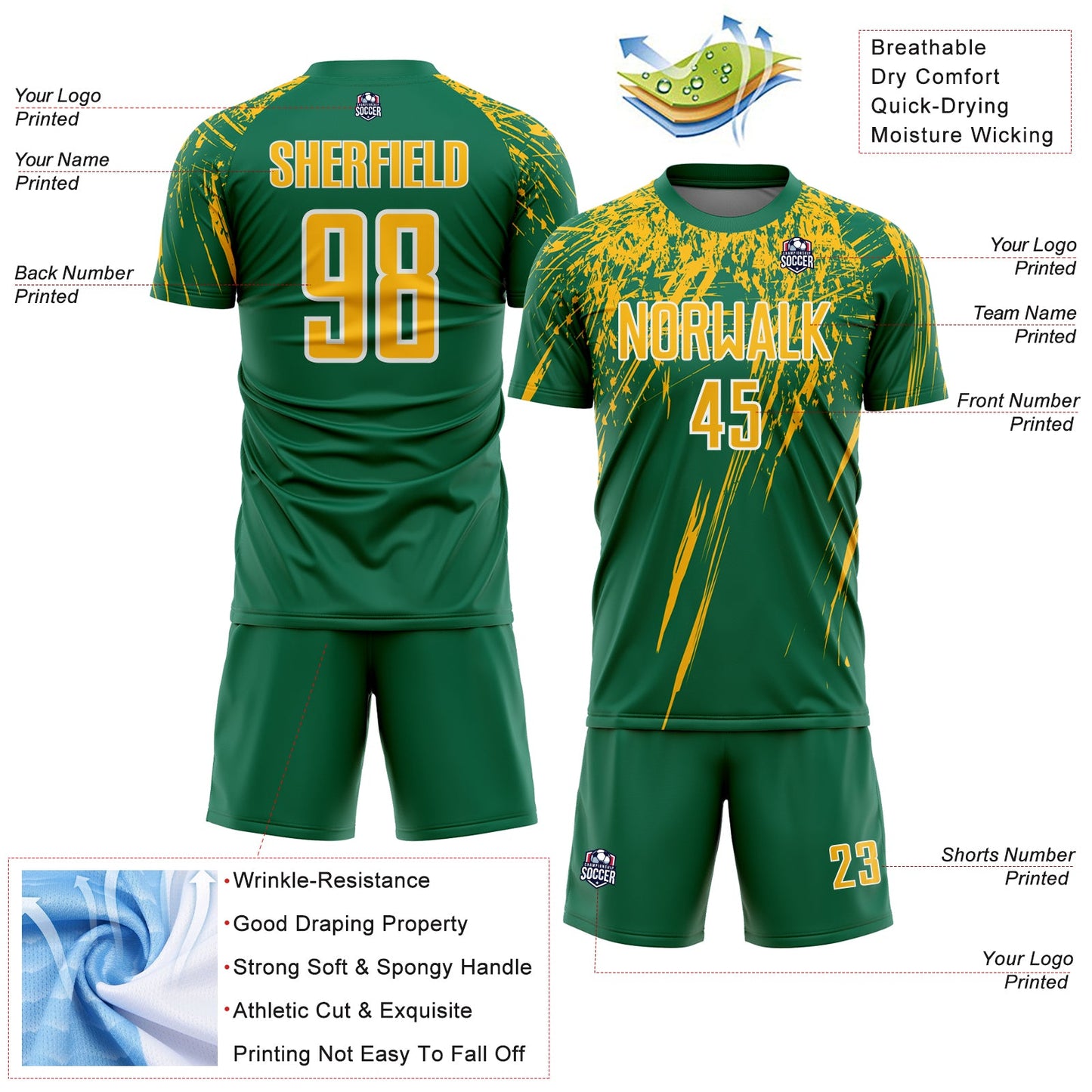 Custom Kelly Green Gold-White Splash Sports Sublimation Soccer Uniform Jersey view 4