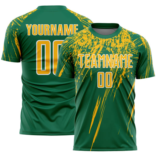 Custom Kelly Green Gold-White Splash Sports Sublimation Soccer Uniform Jersey - Main View