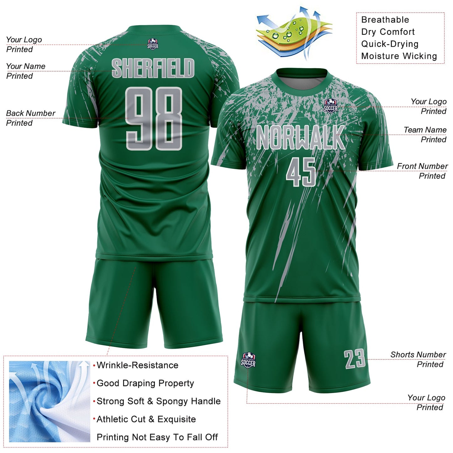Custom Kelly Green Gray-White Splash Sports Sublimation Soccer Uniform Jersey view 4