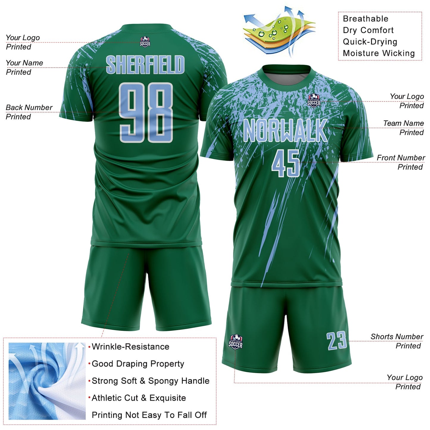 Custom Kelly Green Light Blue-White Splash Sports Sublimation Soccer Uniform Jersey view 4