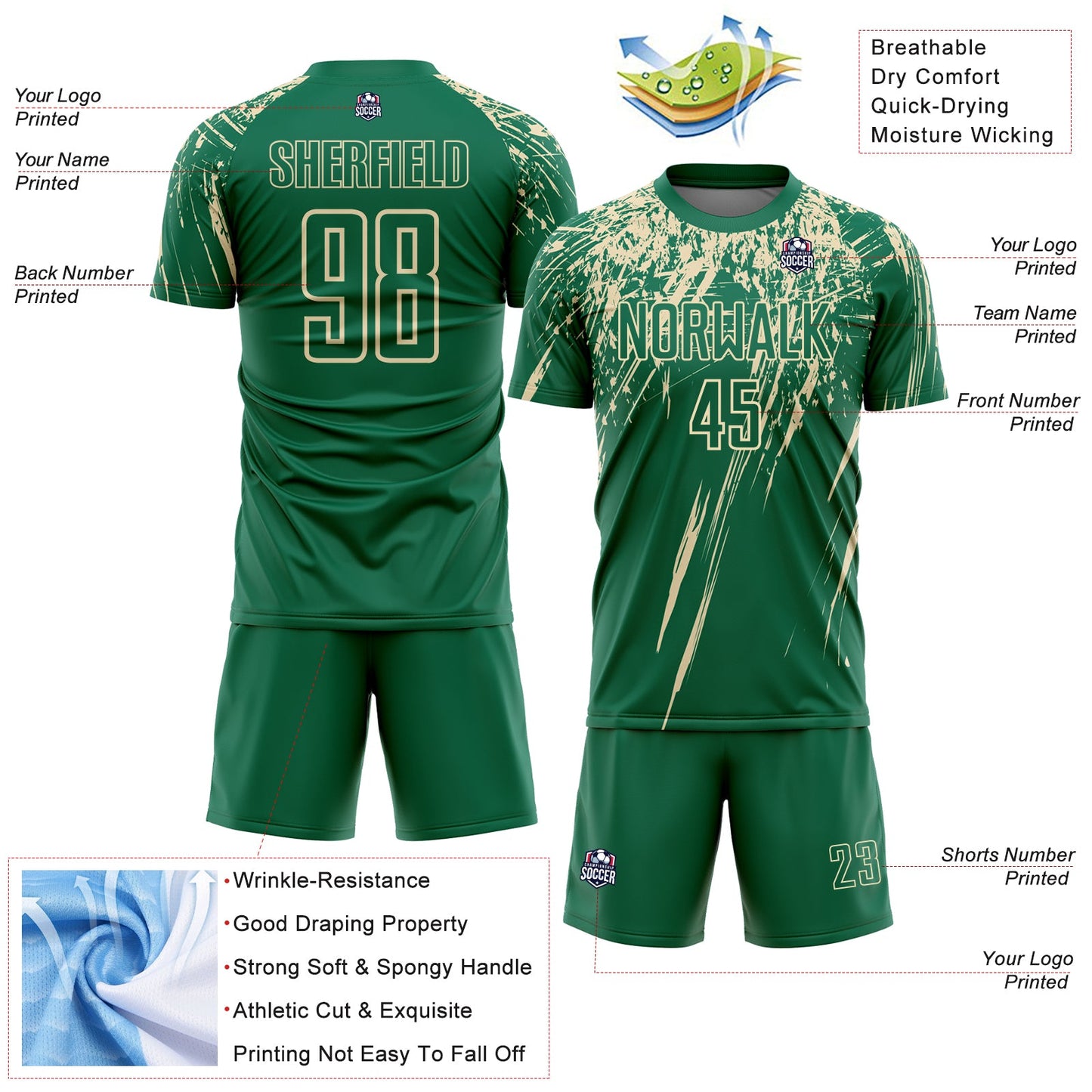 Custom Kelly Green Cream Splash Sports Sublimation Soccer Uniform Jersey view 4