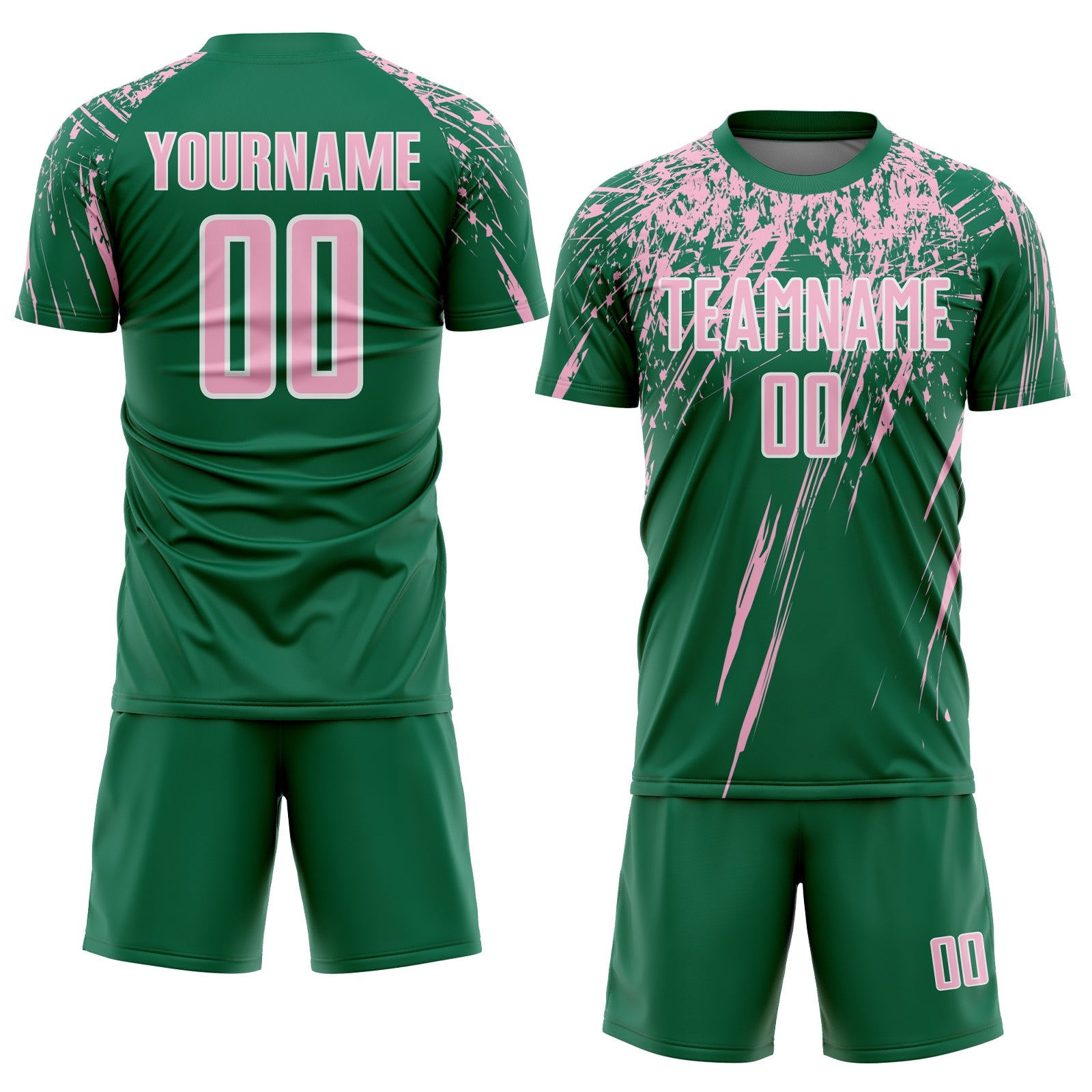 Custom Kelly Green Light Pink-White Splash Sports Sublimation Soccer Uniform Jersey view 2