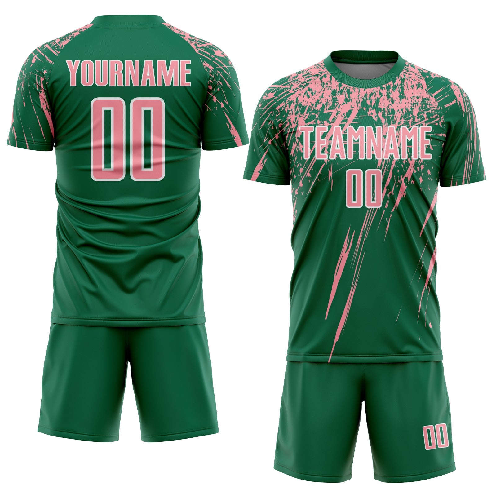 Custom Kelly Green Medium Pink-White Splash Sports Sublimation Soccer Uniform Jersey view 2