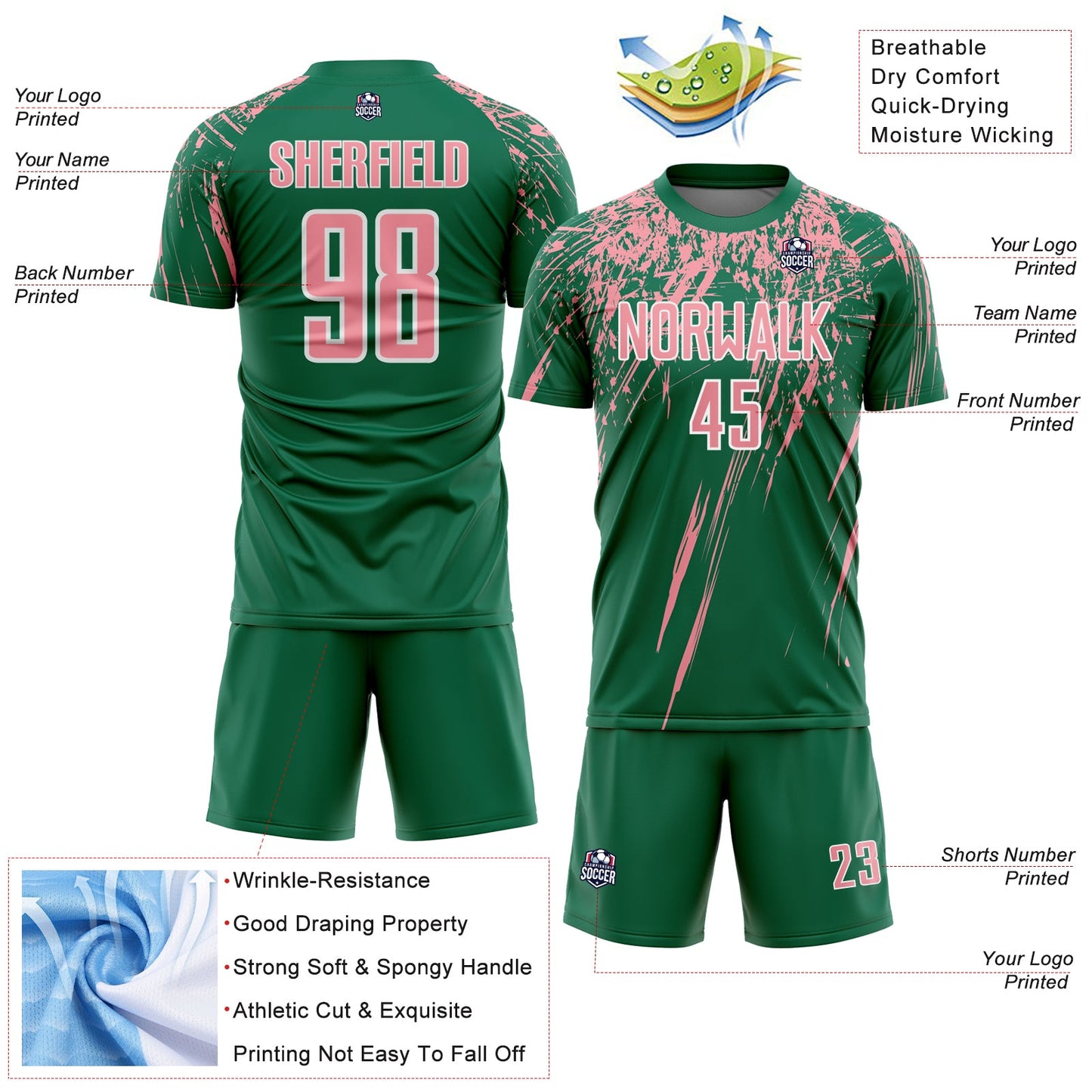 Custom Kelly Green Medium Pink-White Splash Sports Sublimation Soccer Uniform Jersey view 4