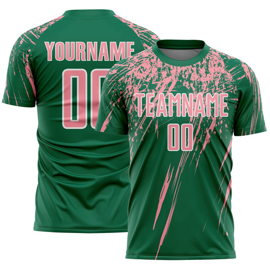 Custom Kelly Green Medium Pink-White Splash Sports Sublimation Soccer Uniform Jersey - Main View