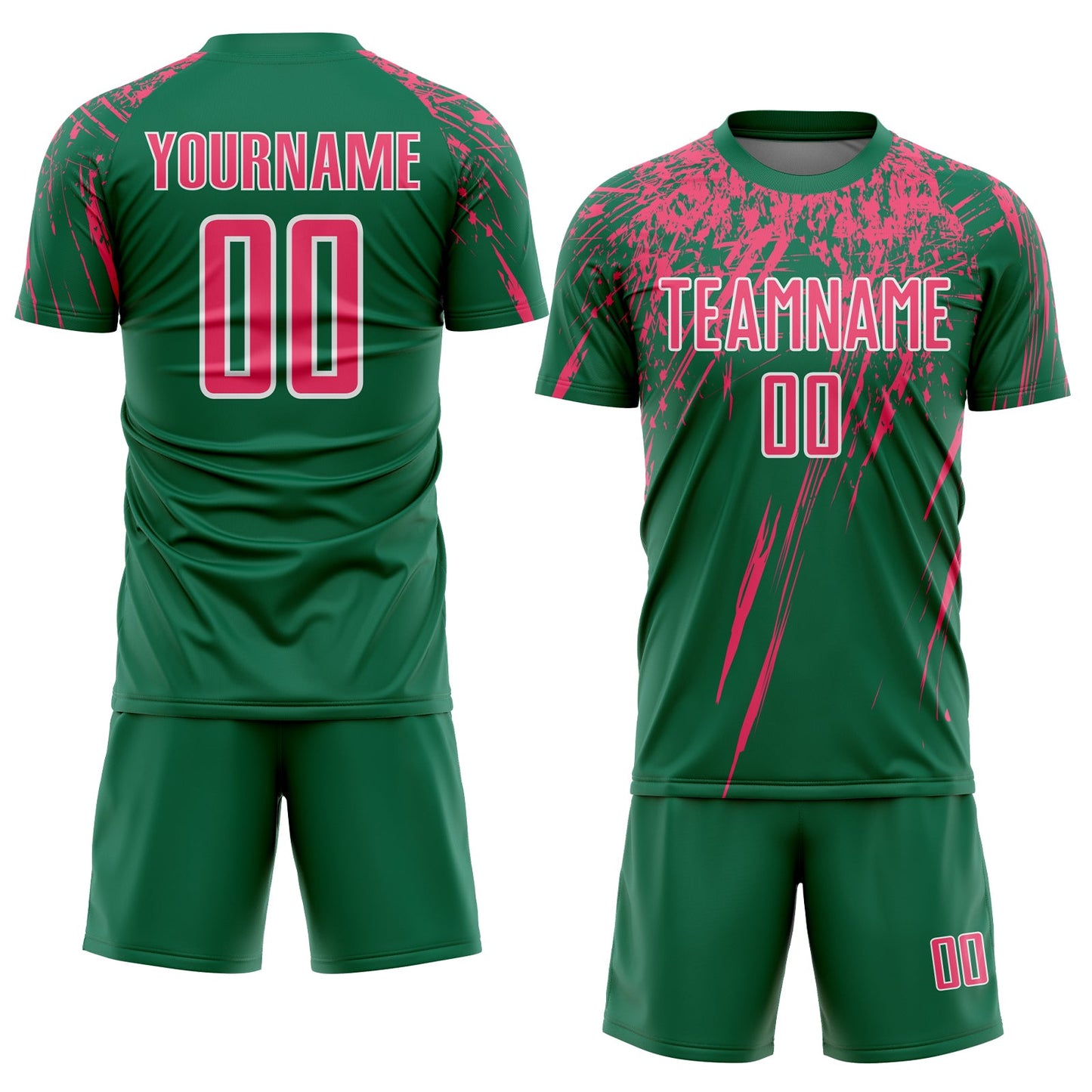 Custom Kelly Green Neon Pink-White Splash Sports Sublimation Soccer Uniform Jersey view 2