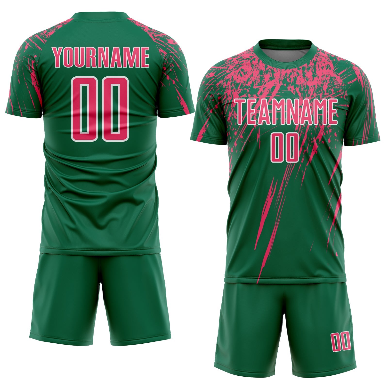 Custom Kelly Green Neon Pink-White Splash Sports Sublimation Soccer Uniform Jersey view 2