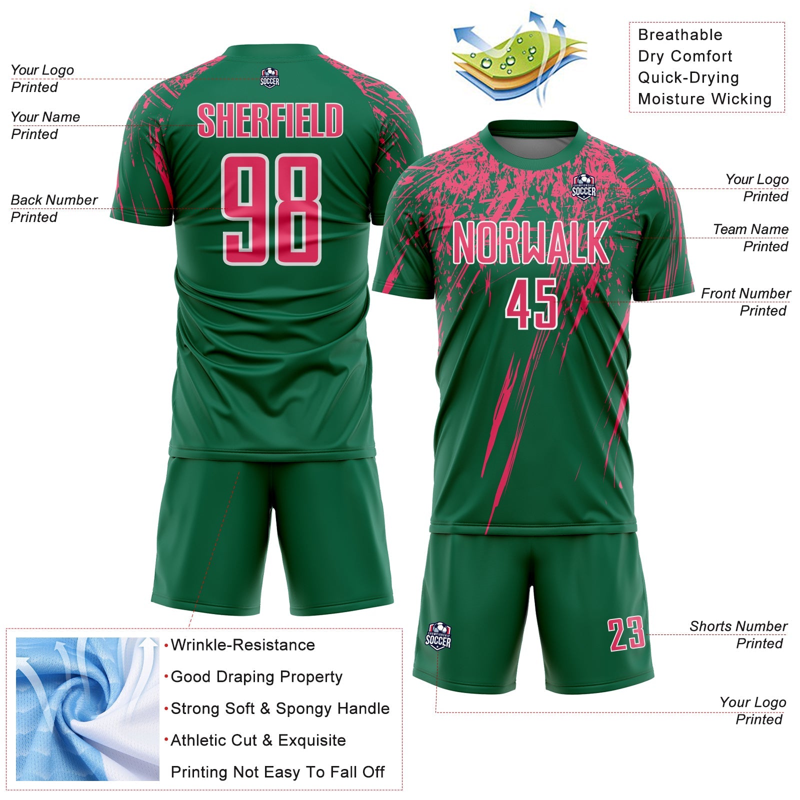 Custom Kelly Green Neon Pink-White Splash Sports Sublimation Soccer Uniform Jersey view 4