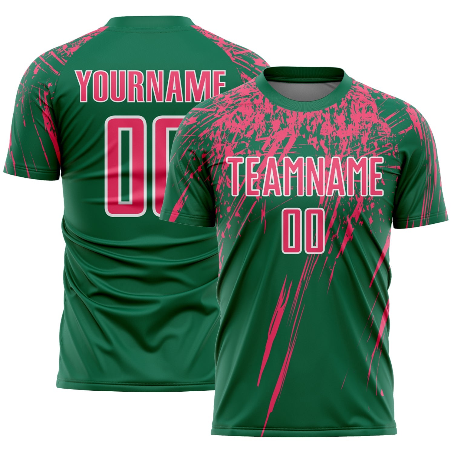 Custom Kelly Green Neon Pink-White Splash Sports Sublimation Soccer Uniform Jersey - Main View