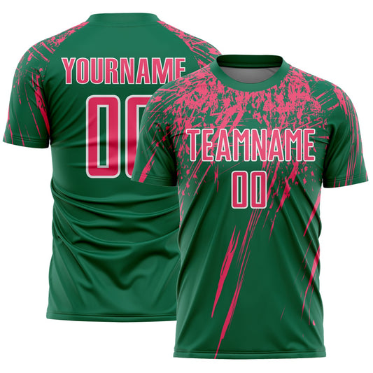 Custom Kelly Green Neon Pink-White Splash Sports Sublimation Soccer Uniform Jersey - Main View