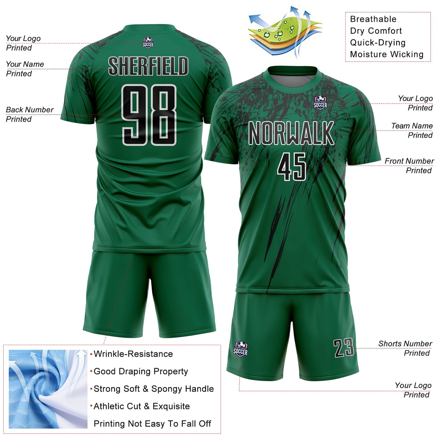 Custom Kelly Green Black-White Splash Sports Sublimation Soccer Uniform Jersey view 4