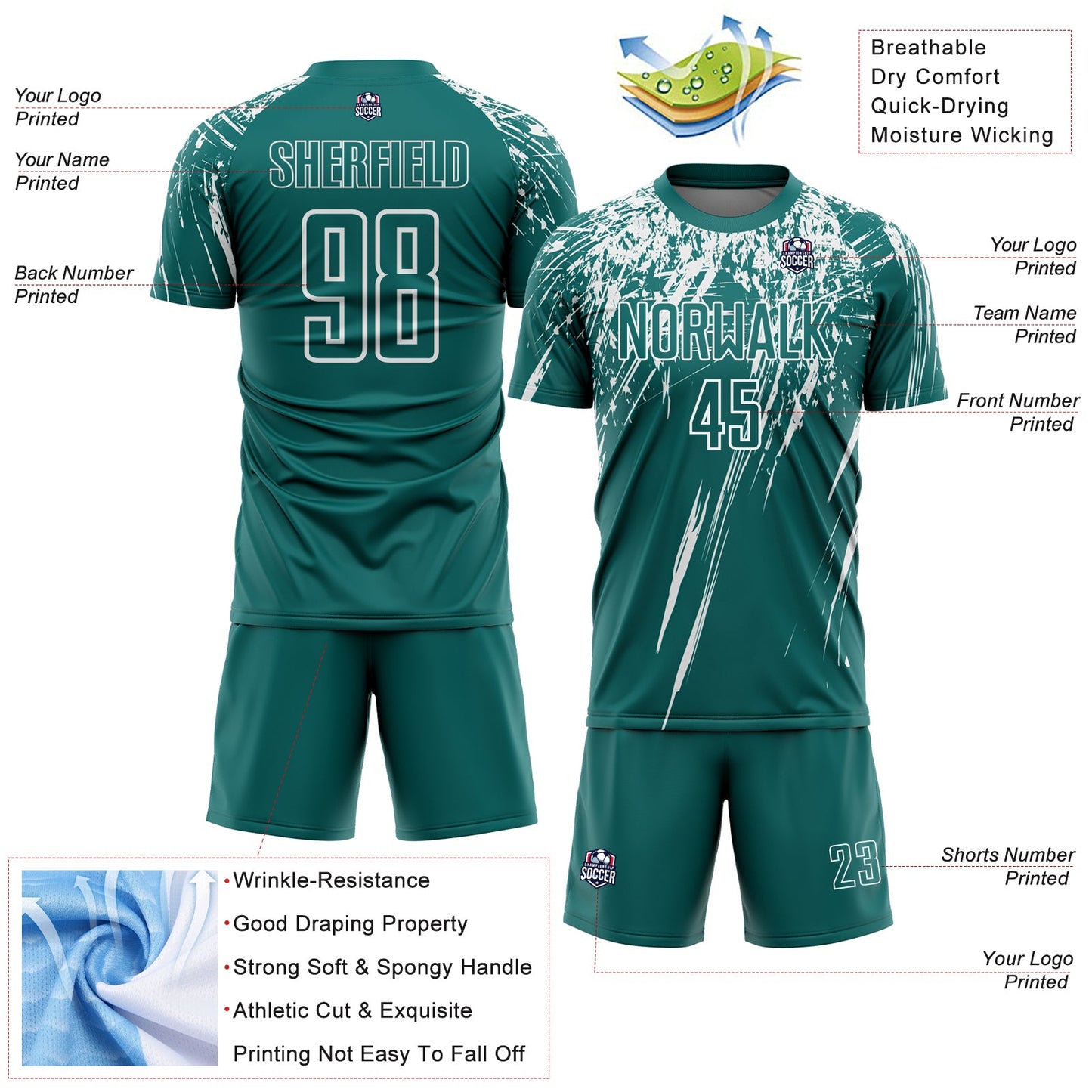 Custom Teal White Splash Sports Sublimation Soccer Uniform Jersey view 4