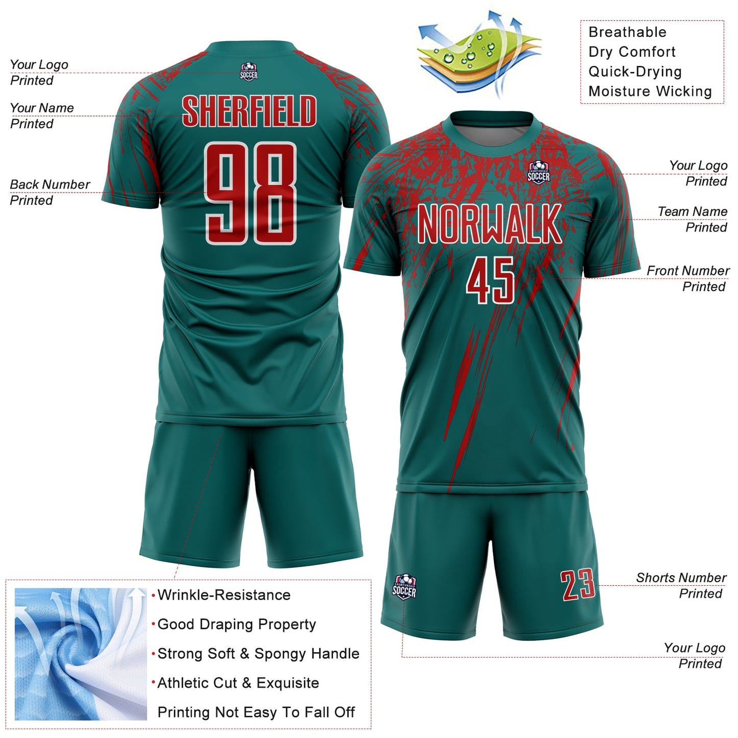 Custom Teal Red-White Splash Sports Sublimation Soccer Uniform Jersey view 4