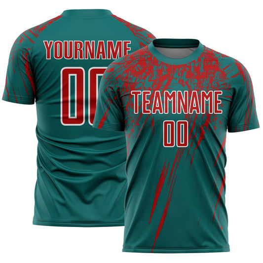 Custom Teal Red-White Splash Sports Sublimation Soccer Uniform Jersey - Main View