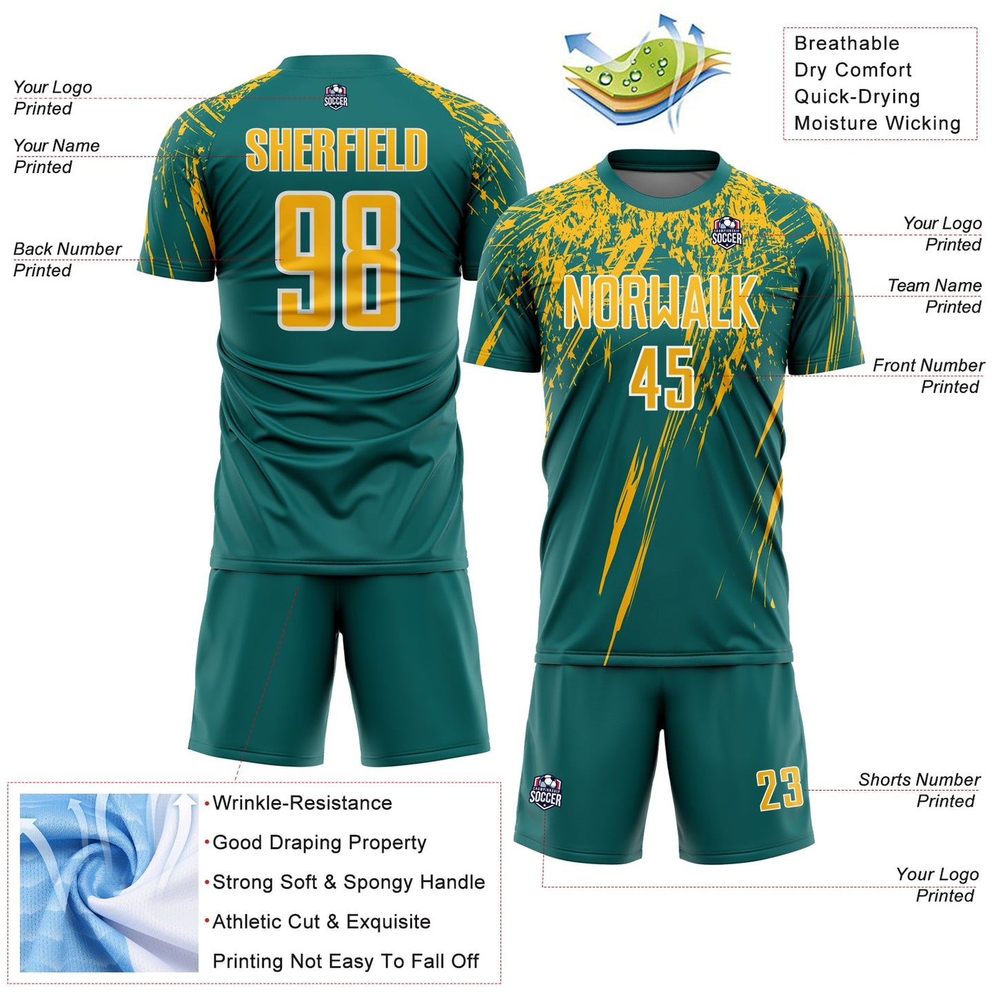 Custom Teal Gold-White Splash Sports Sublimation Soccer Uniform Jersey view 4