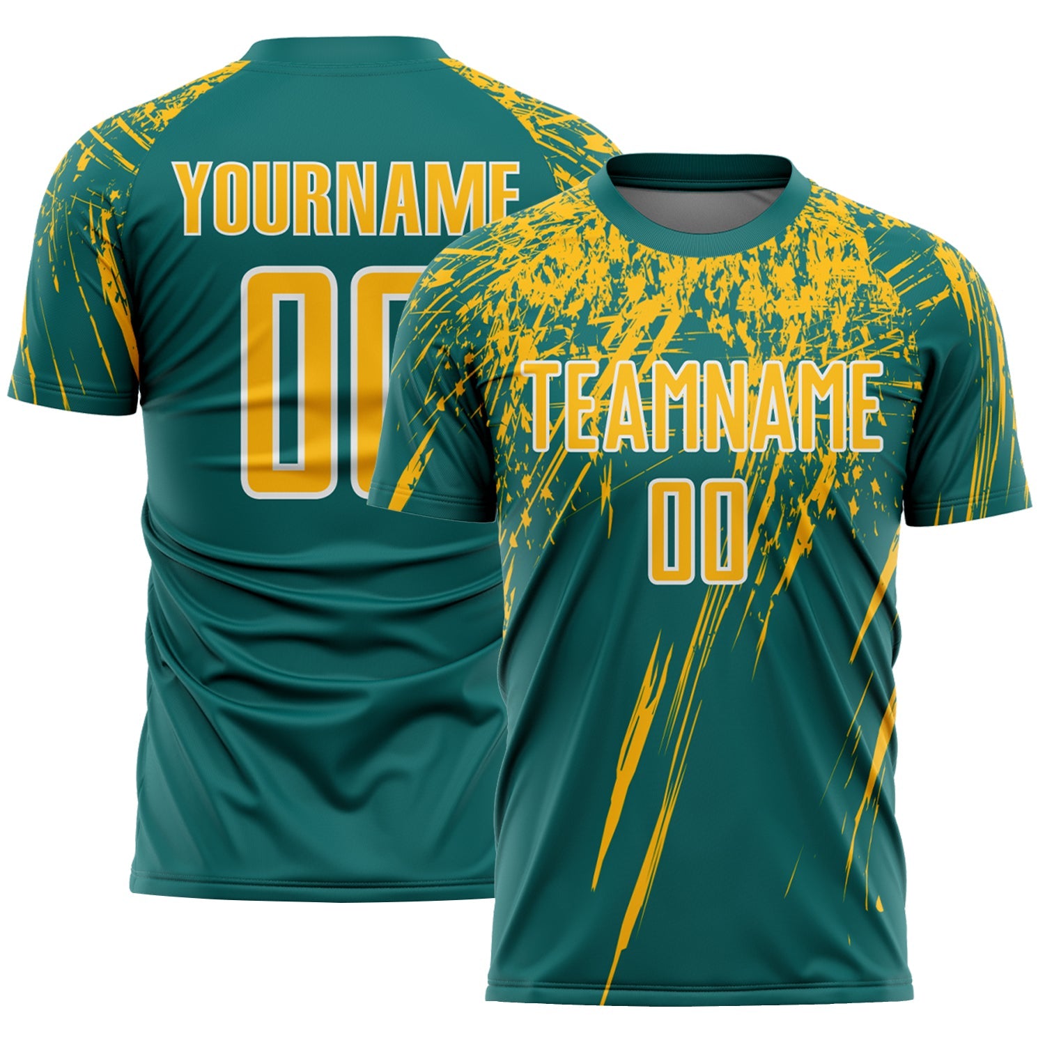 Custom Teal Gold-White Splash Sports Sublimation Soccer Uniform Jersey - Main View