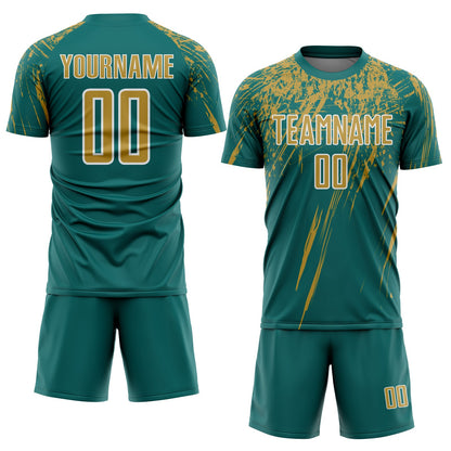 Custom Teal Old Gold-White Splash Sports Sublimation Soccer Uniform Jersey view 2