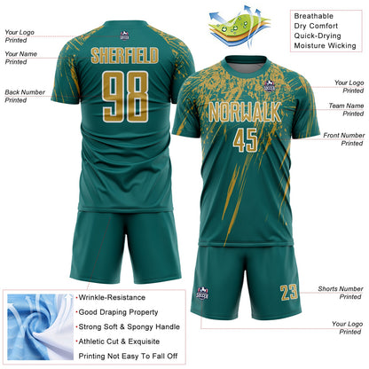Custom Teal Old Gold-White Splash Sports Sublimation Soccer Uniform Jersey view 4