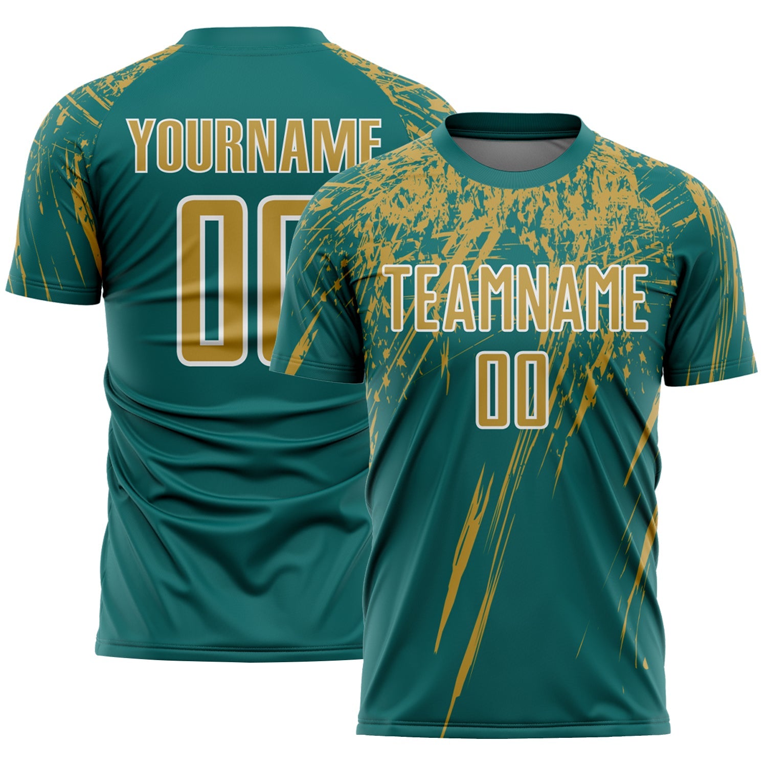 Custom Teal Old Gold-White Splash Sports Sublimation Soccer Uniform Jersey - Main View