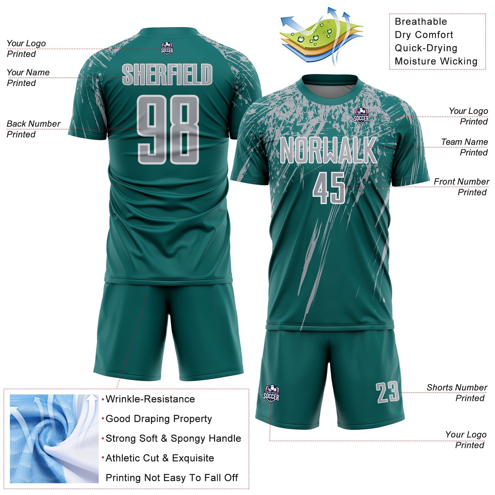 Custom Teal Gray-White Splash Sports Sublimation Soccer Uniform Jersey view 4