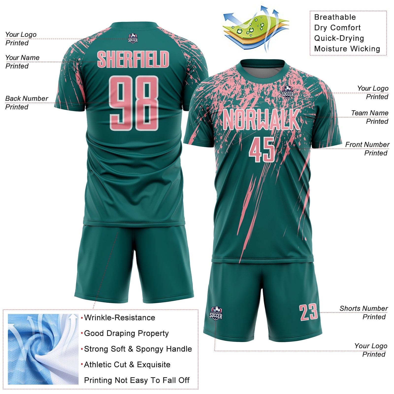 Custom Teal Medium Pink-White Splash Sports Sublimation Soccer Uniform Jersey view 4