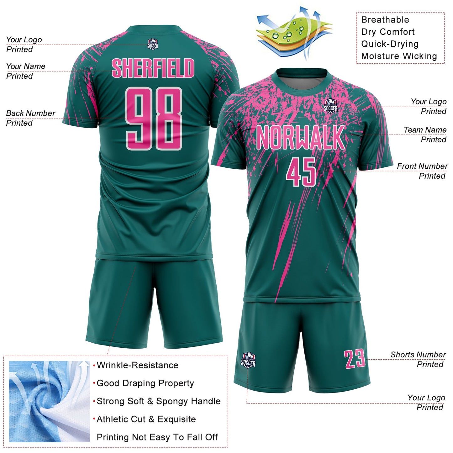 Custom Teal Pink-White Splash Sports Sublimation Soccer Uniform Jersey view 4