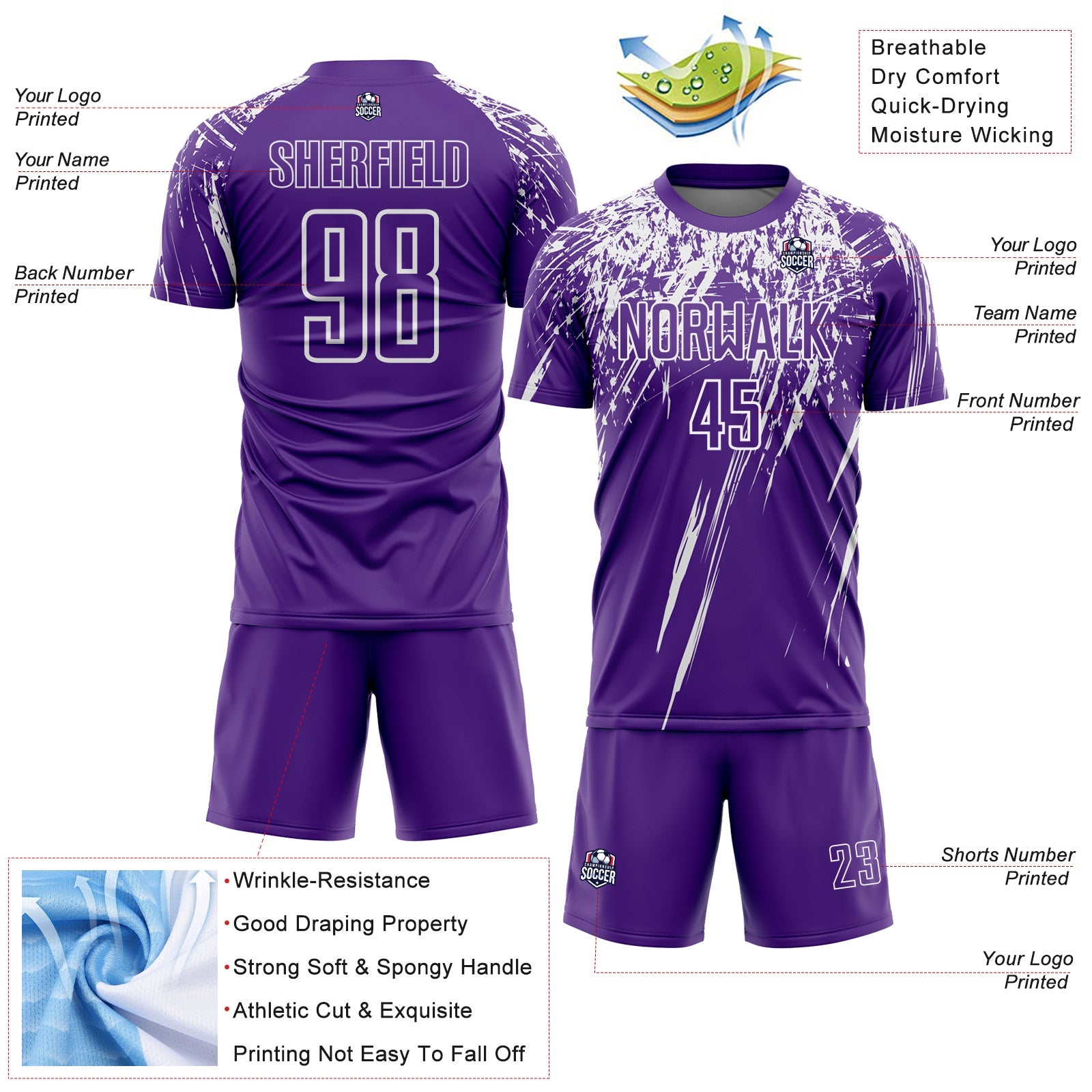 Custom Purple White Splash Sports Sublimation Soccer Uniform Jersey view 4