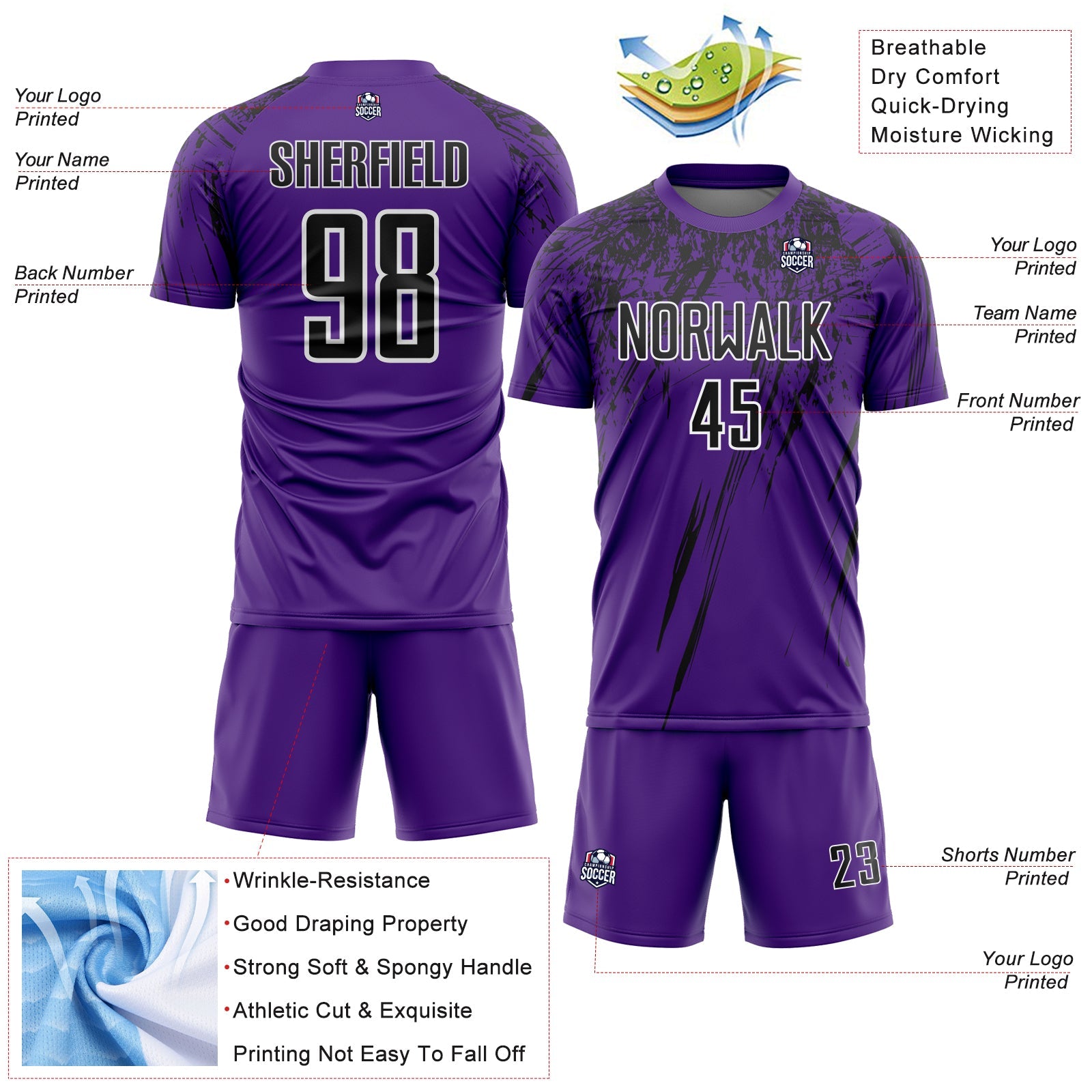 Custom Purple Black-White Splash Sports Sublimation Soccer Uniform Jersey view 4