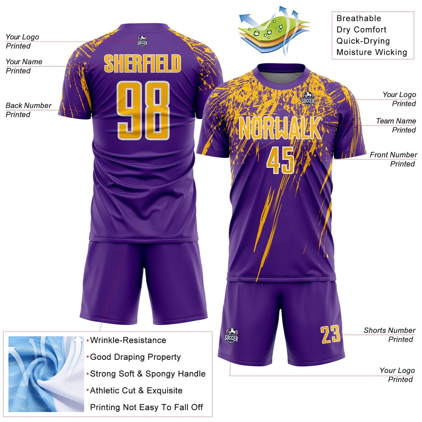 Custom Purple Gold-White Splash Sports Sublimation Soccer Uniform Jersey view 4