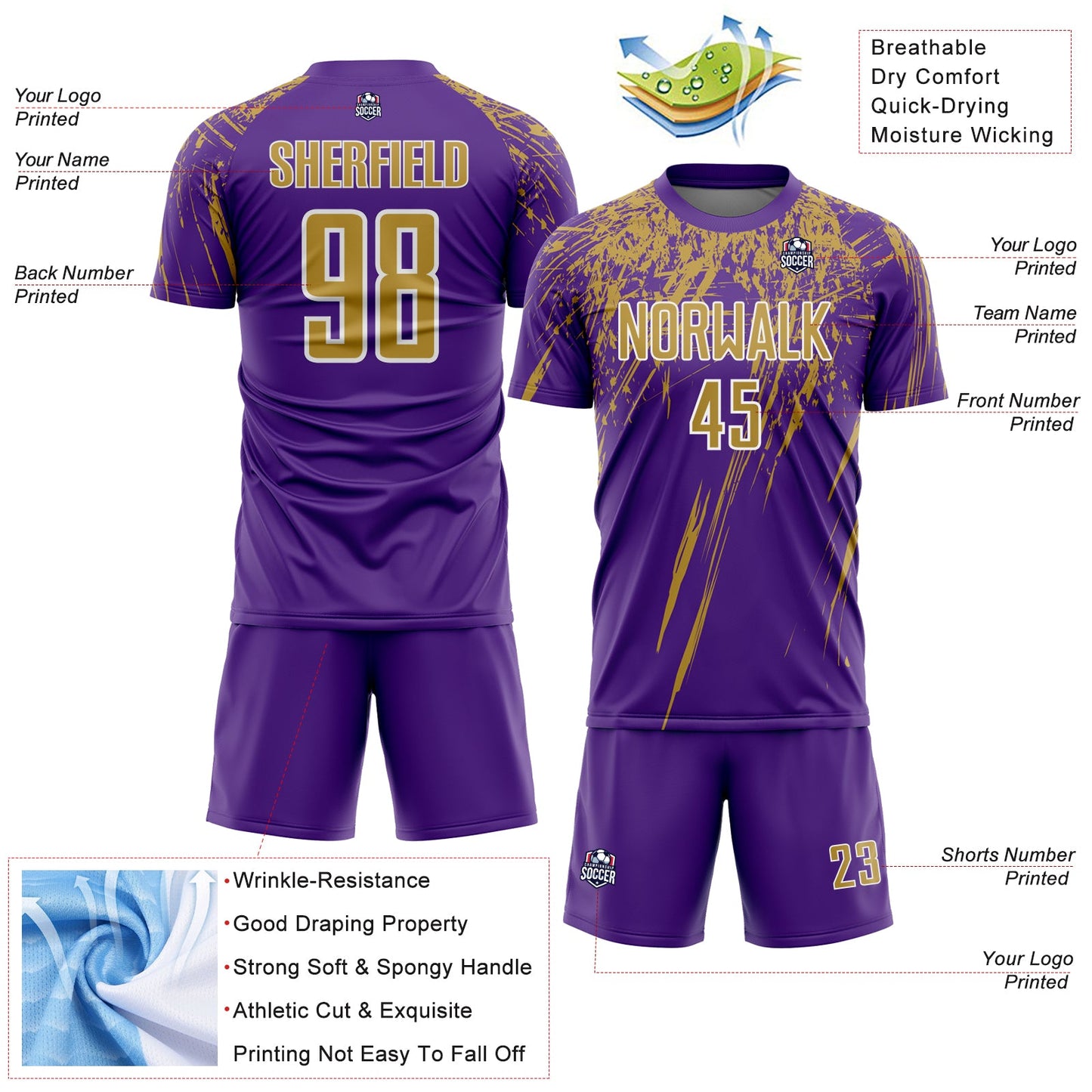 Custom Purple Old Gold-White Splash Sports Sublimation Soccer Uniform Jersey view 4