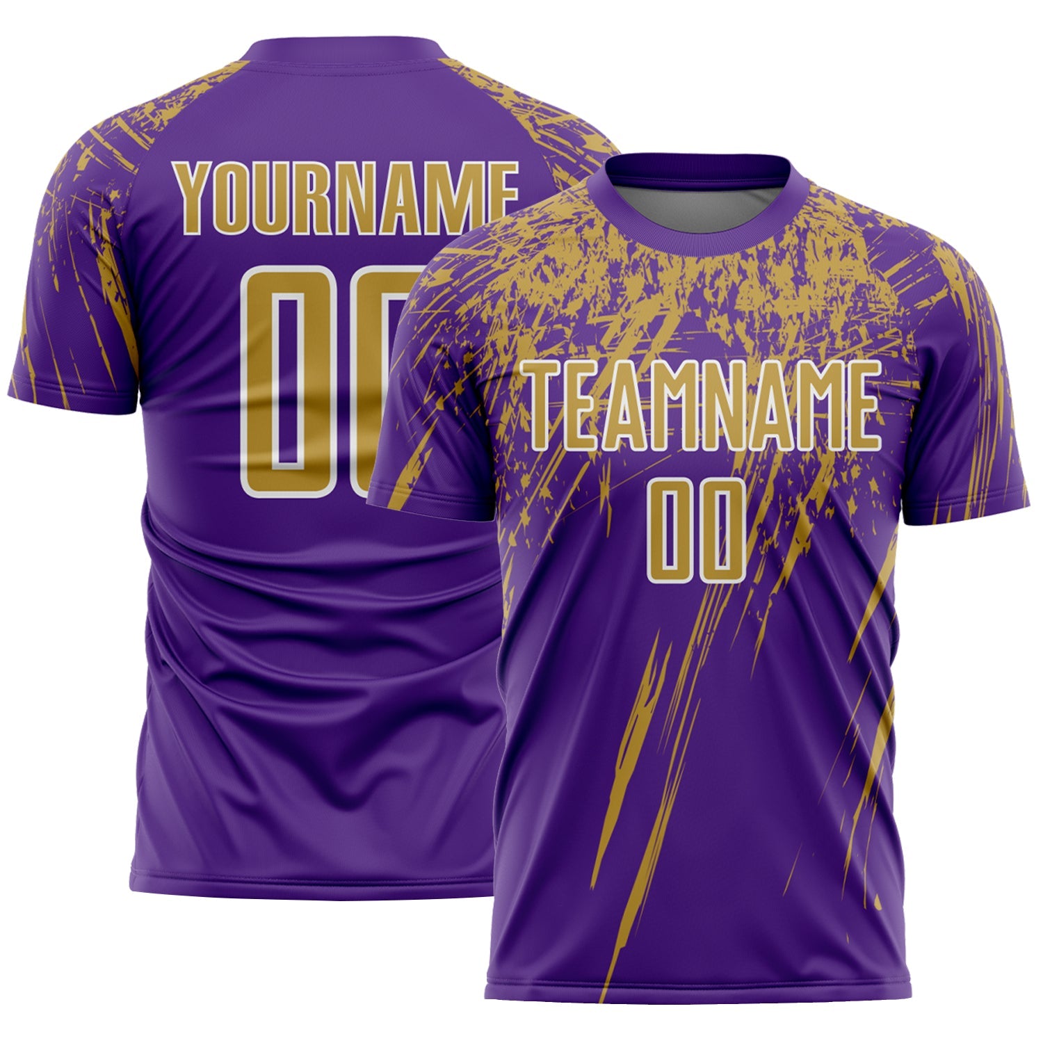 Custom Purple Old Gold-White Splash Sports Sublimation Soccer Uniform Jersey - Main View