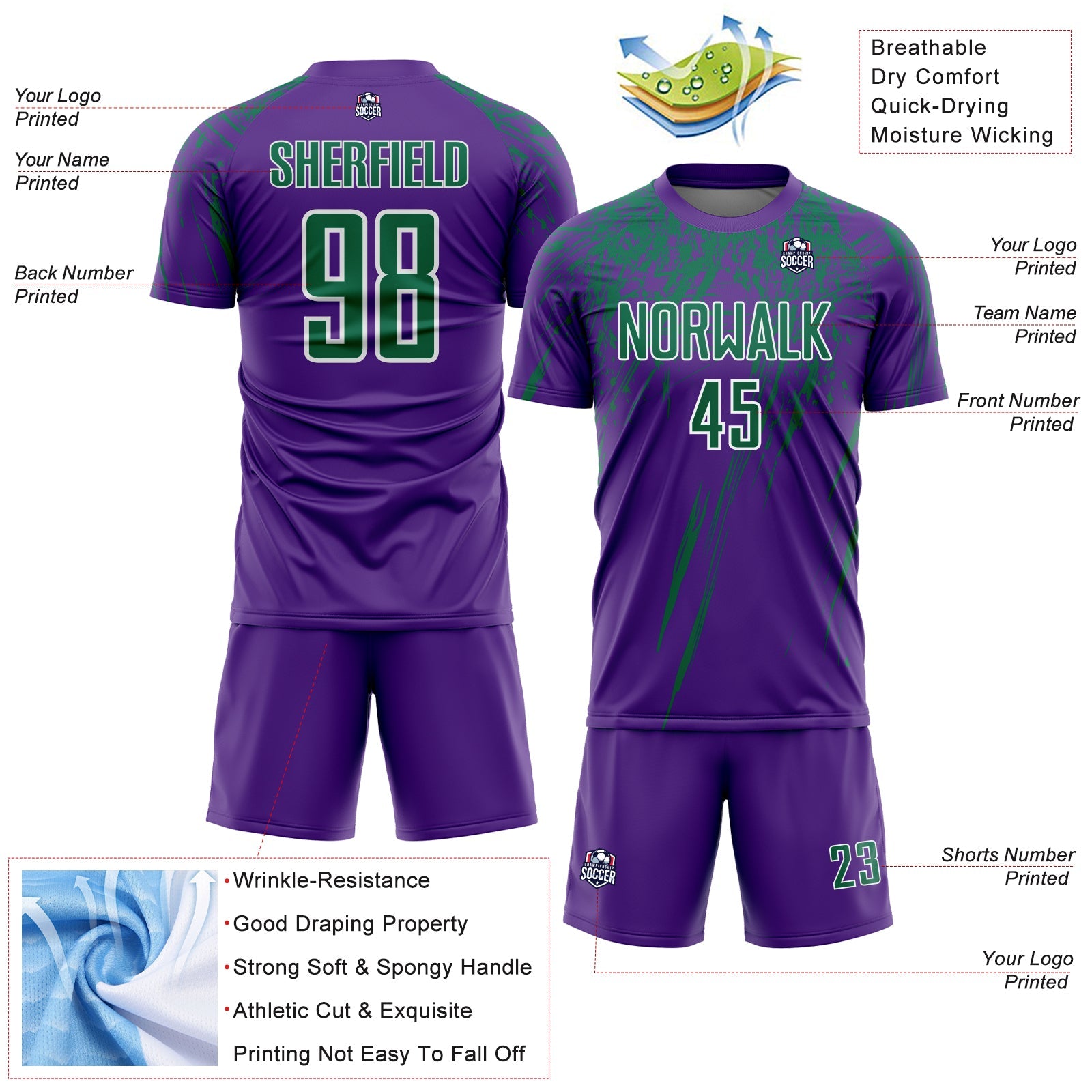 Custom Purple Kelly Green-White Splash Sports Sublimation Soccer Uniform Jersey view 4