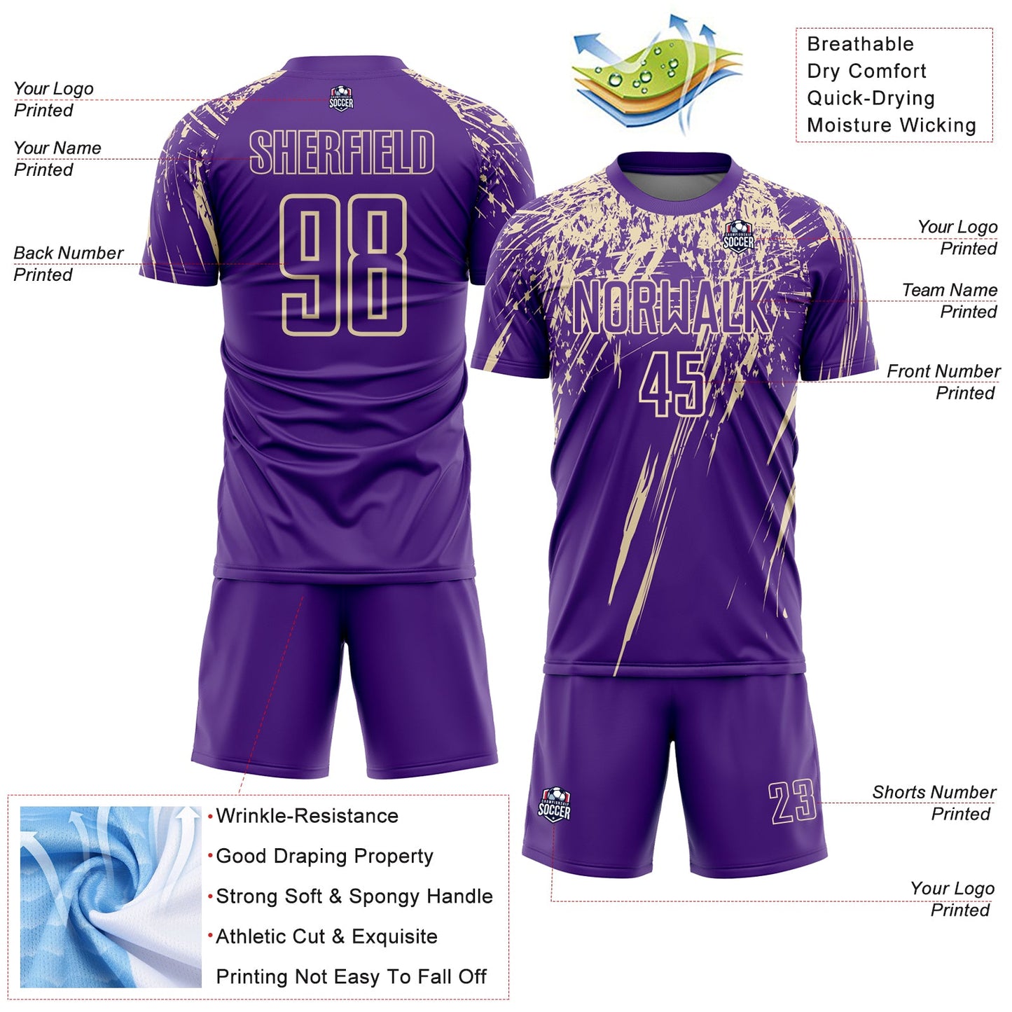 Custom Purple Cream Splash Sports Sublimation Soccer Uniform Jersey view 4
