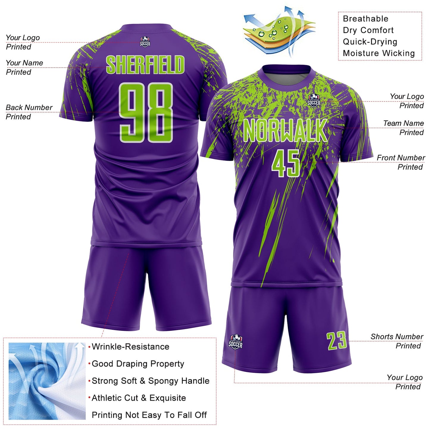 Custom Purple Neon Green-White Splash Sports Sublimation Soccer Uniform Jersey view 4