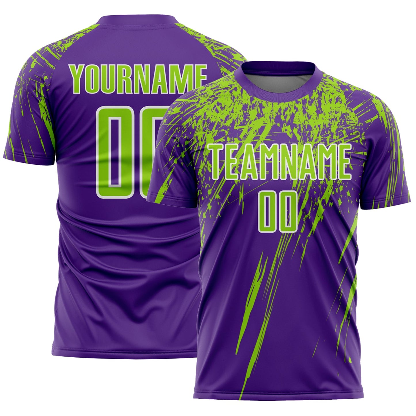 Custom Purple Neon Green-White Splash Sports Sublimation Soccer Uniform Jersey - Main View