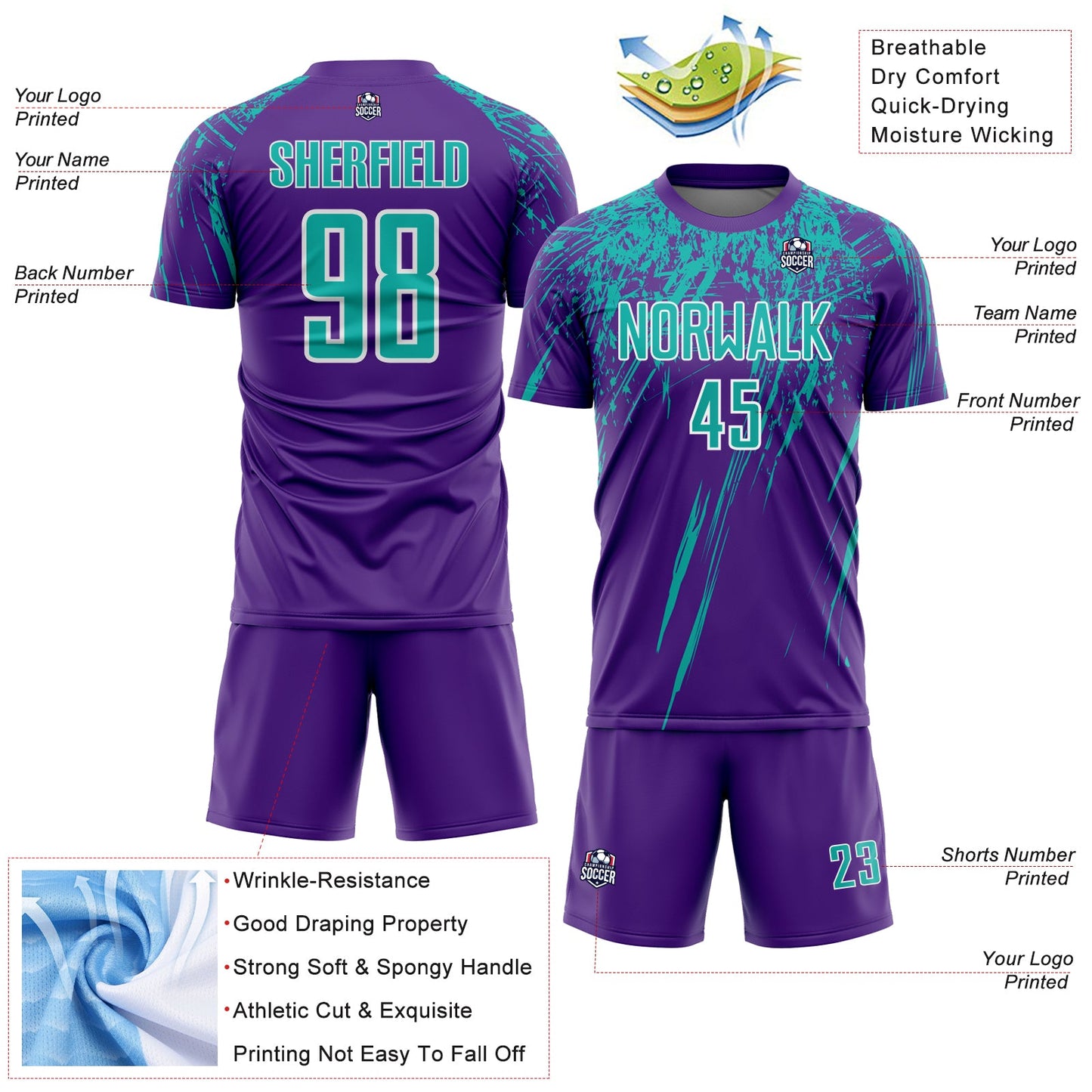 Custom Purple Aqua-White Splash Sports Sublimation Soccer Uniform Jersey view 4