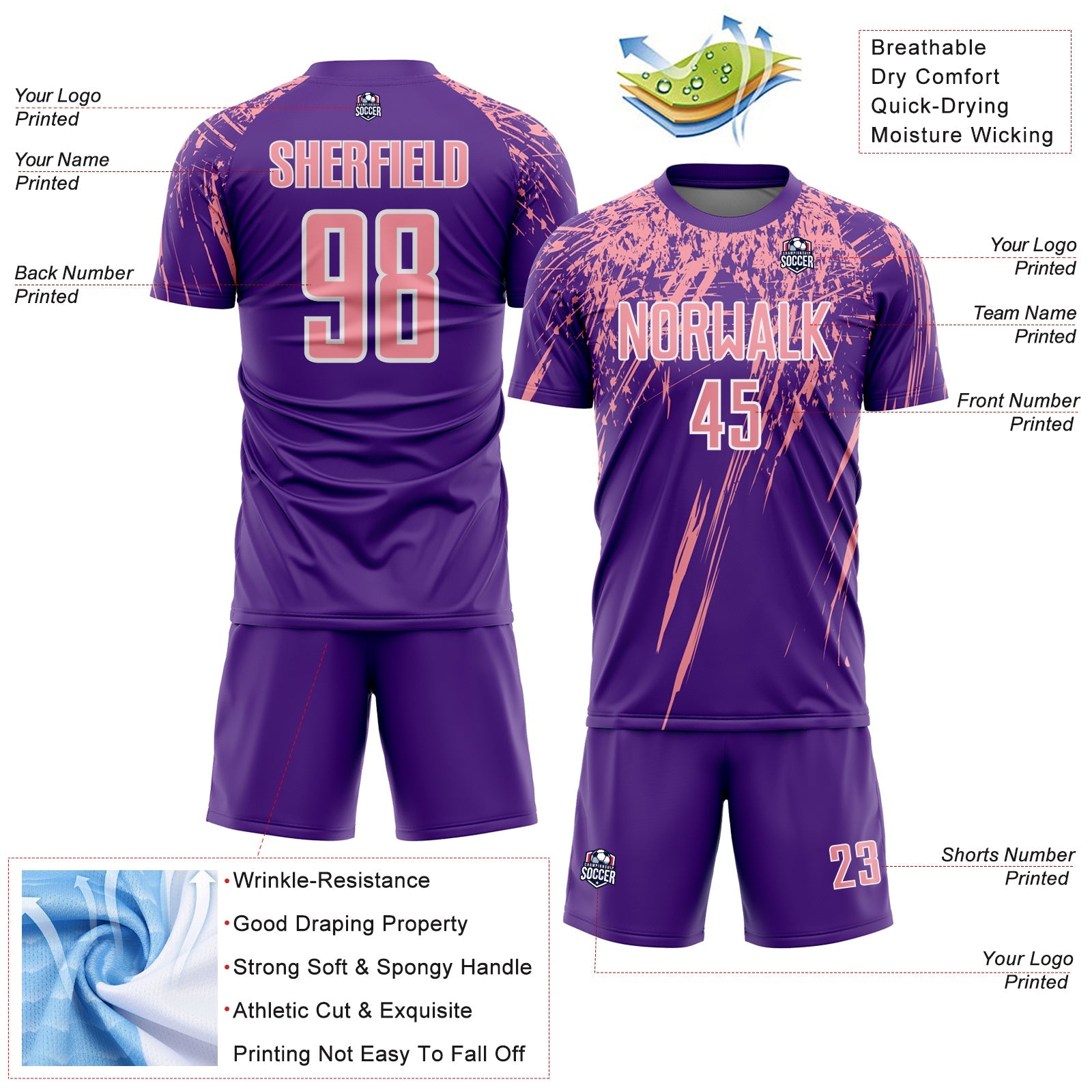 Custom Purple Medium Pink-White Splash Sports Sublimation Soccer Uniform Jersey view 4