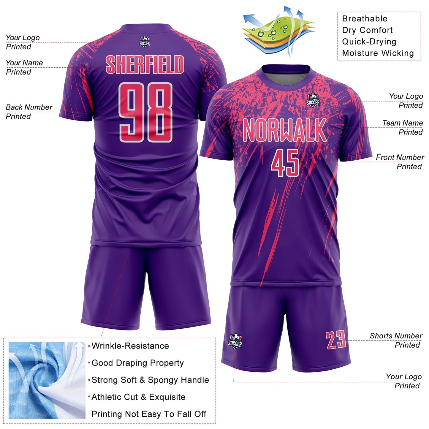 Custom Purple Neon Pink-White Splash Sports Sublimation Soccer Uniform Jersey view 4